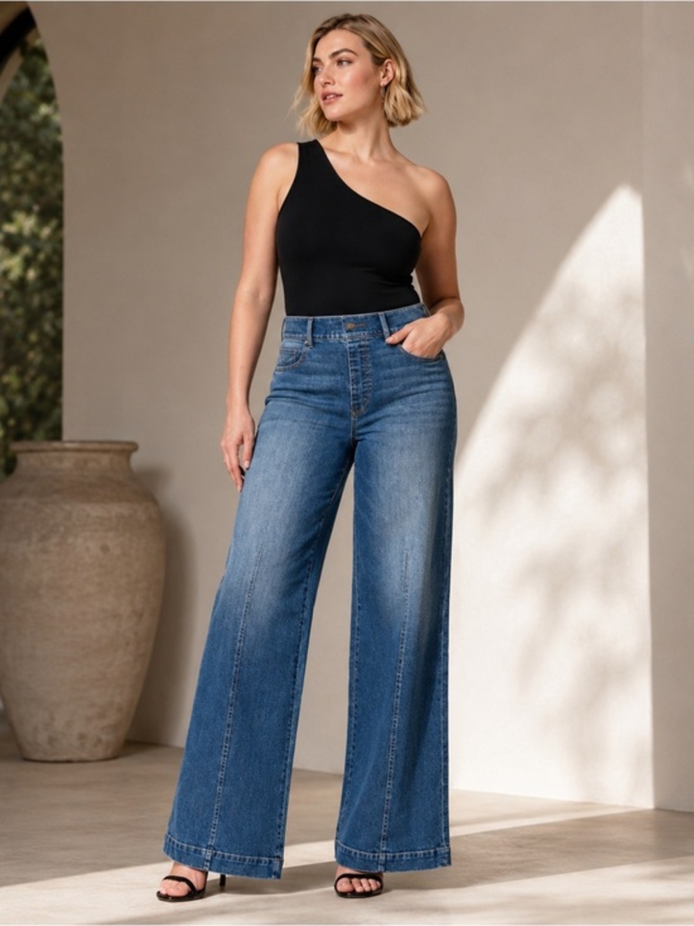Spanx Pretty Please Houston Wide Leg Jeans Tall Large Stretch Quiet Luxury NWOT